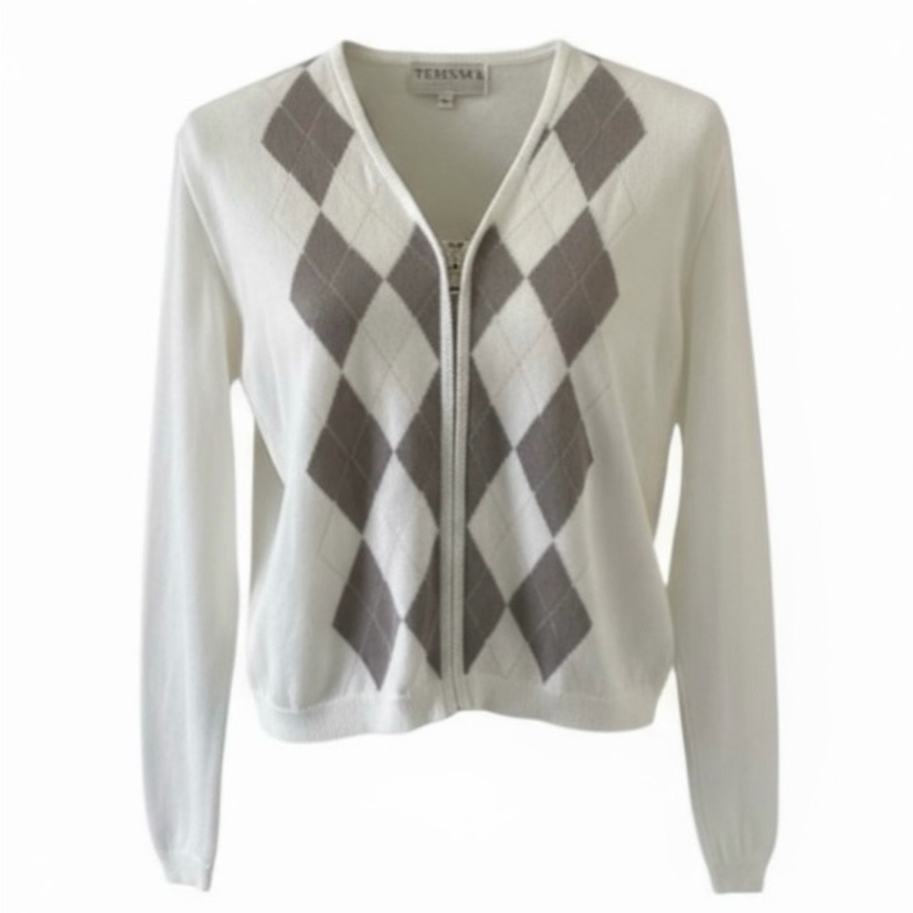 Tehama White Argyle V-Neck Front Zip Long Sleeve Cotton Knit Cardigan Size Small